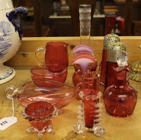 12 items cranberry glass ware, various